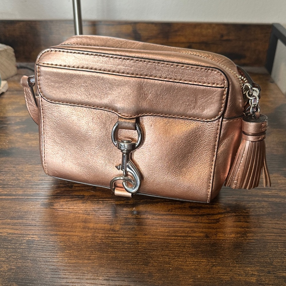 Rebecca Minkoff Metallic Rose Gold Leather Crossbody Bag with Tassel